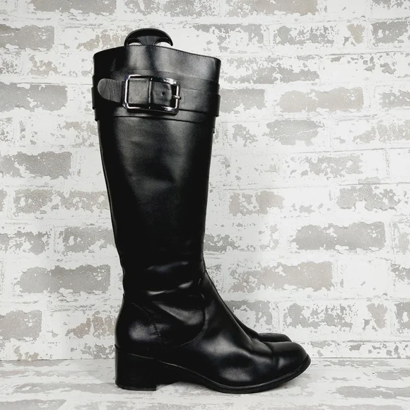 Tahari Kaley Black Leather Knee High Buckle Ridding Boots A920 - Picture 5 of 13